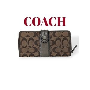 Coach Signature C Jacquard Canvas Patent Leather Zip Around Folding Wallet Dark